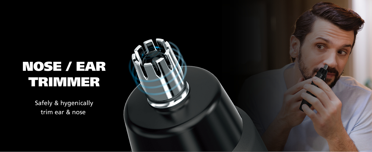 Nose/Ear Trimmer for safe and hygienic ear and nose trimming. Shows close up of head and man using.
