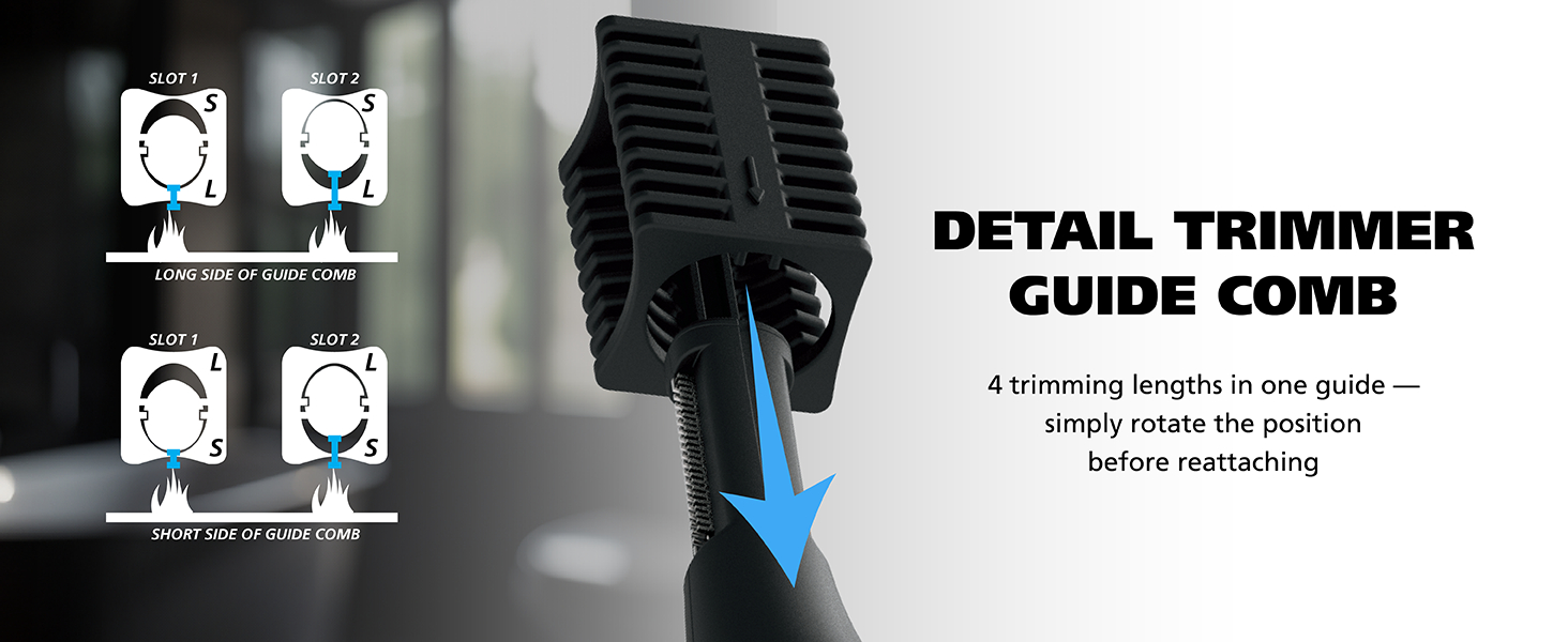 Detail Trimmer Guide Comb - Provides 4 trimming lengths in one comb. Image shows how to attach guide